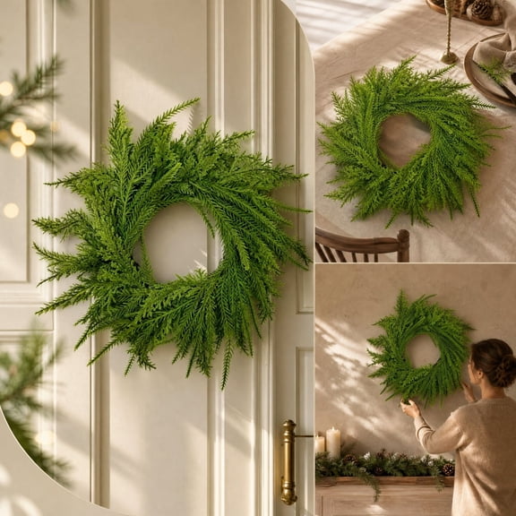 Artificial Pine Cedar Mini Wreath, Realistic Evergreen Greenery Wreath for Front Door Wall Cabinet Decor