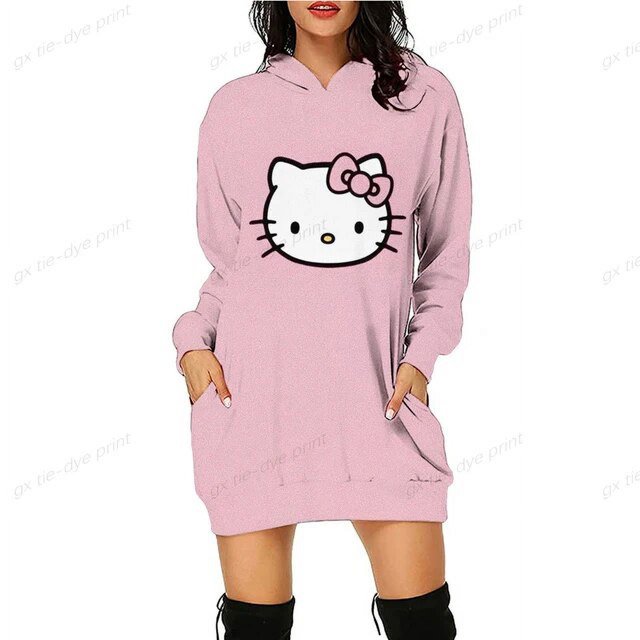 Sweat à Capuche Long et Ample pour Femmes, Imprimé Hello Kitty, Mode Décontractée Automne avec Poche et Cordon de Serrage