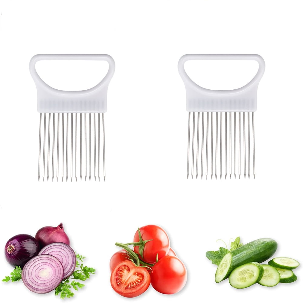 2Pcs Ruooson Onion Holder for Slicing, Stainless Steel Prongs Kitchen  Slicer, Lemon Potato Cucumber Vegetable Cutter Comb,Meat Tenderizer,(white  and