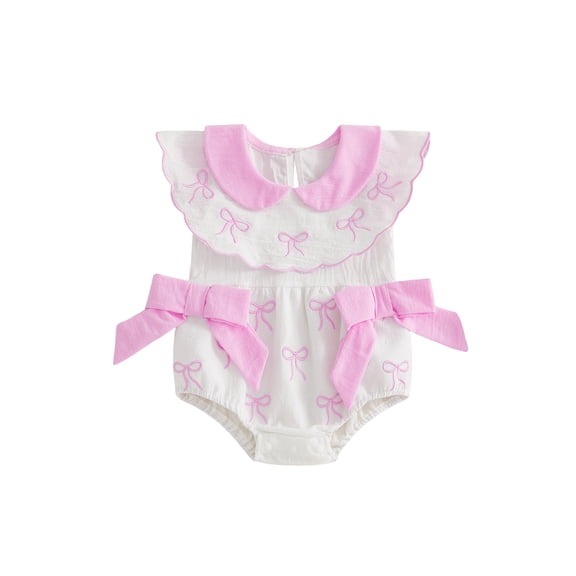 BemeyourBBs Newborn Baby Girls Summer Clothes Infant Bubble Romper Cute Bow Embroidery Sleeveless Ruffled Doll Collar Front Bow Jumpsuit Bodysuit Playsuit