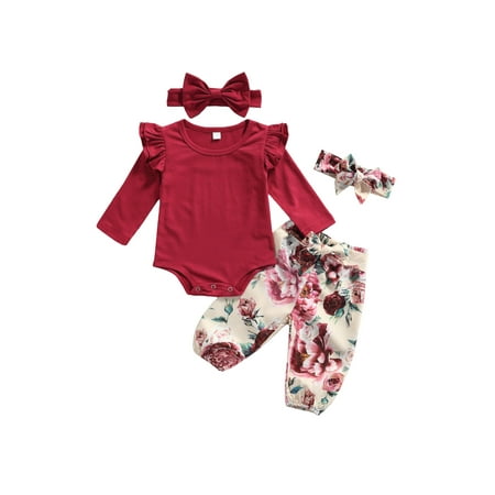 

Sunisery 4Pcs Newborn Infant Baby Girl Clothes Ruffle Long Sleeve Romper + Floral Pants + Headband Fall Outfits Wine red 6-12 Months