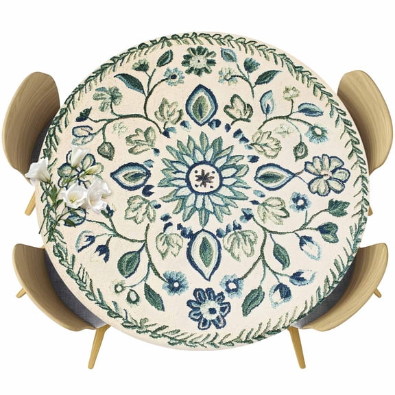 Green Teal Boho Round Tablecloth 36-44 Inch Round Fitted Table Cloth with Elastic Edge, Southwestern Vintage Ethnic Floral Waterproof Table Cover Protector for Outdoor Picnic Party Dining