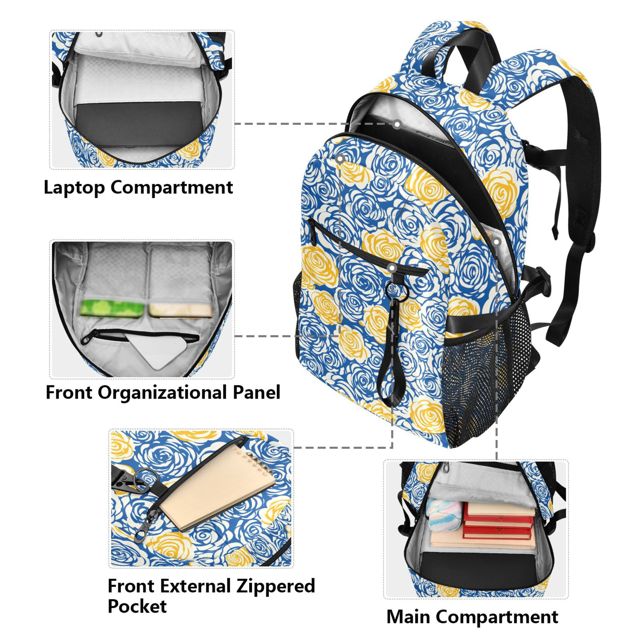 JIALIOU 14" Laptop Backpack Waterproof Airline Approved Stylish Casual Daypack for Travel Business College Work, Blue Yellow Rose
