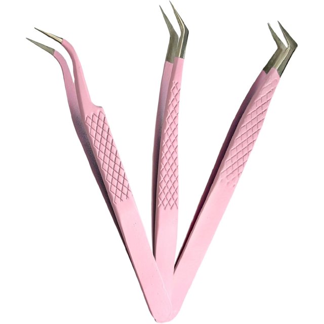 Luwigs Eyelash Extension Tweezers 3pcs Stainless Steel Fiber Tip Tweezers for Eyelash Extension High Precision Professional Tweezers Set Volume Lash Tweezers (Pink)