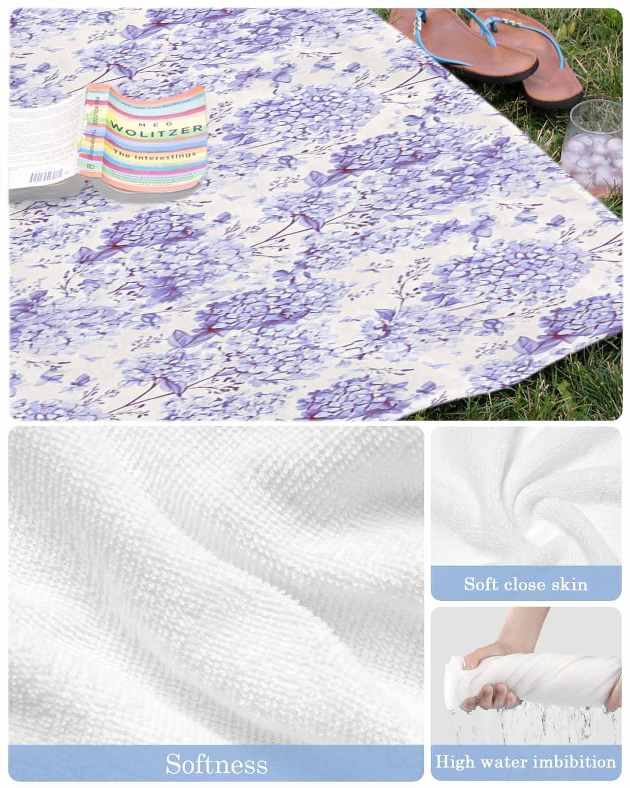 Purple Floral Beach Towels Oversized Super Absorbent, Hydrangeas Flower Spring Summer Botanical Lightweight Bath Towel Quick Dry Sets For Bathroom/Pool/Rv Camping/Beach Play/Gym Room/Picnic 23"x47"
