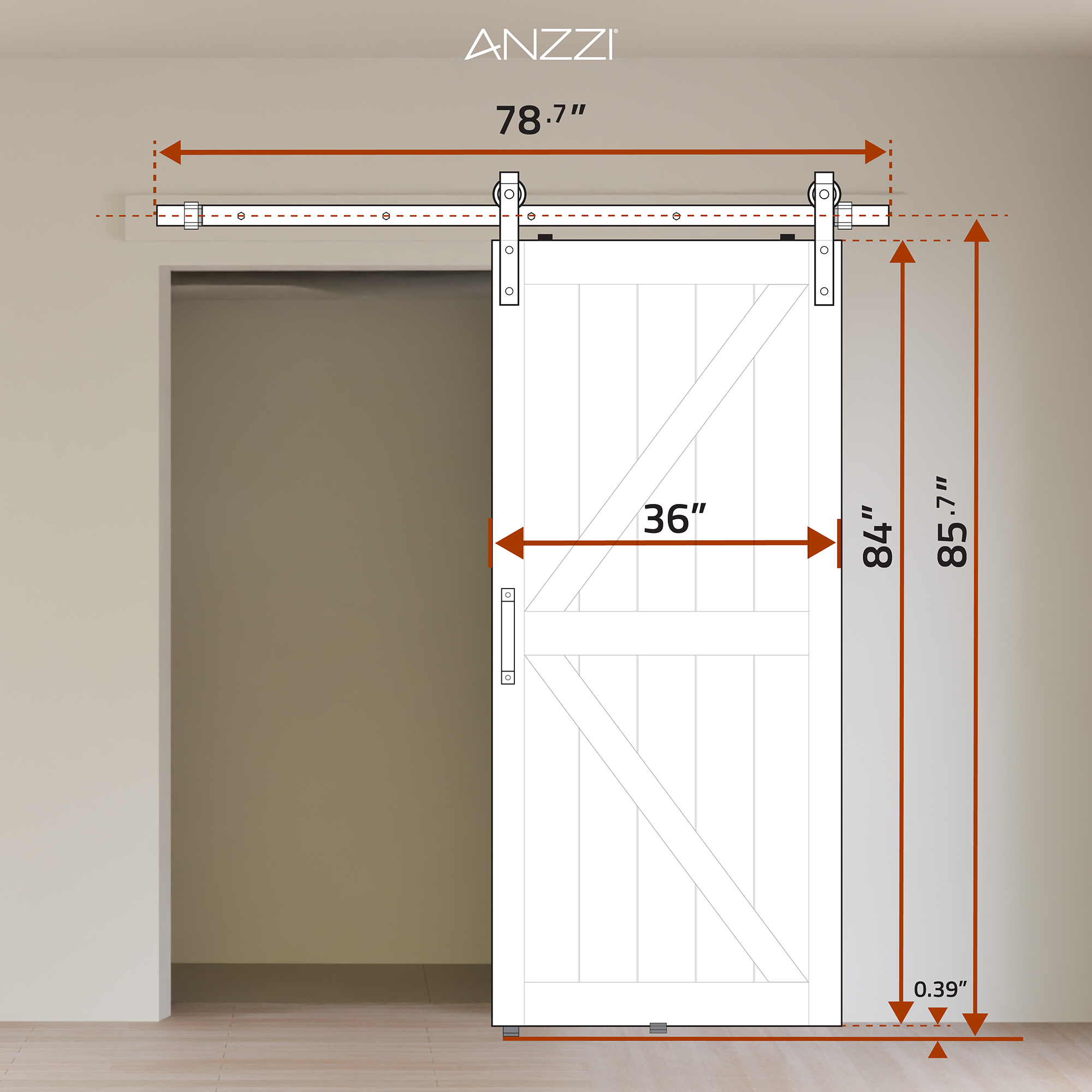 ANZZI Heavy Duty Sturdy Sliding Barn Door - 36x84'' Brown Sliding Wood Single Slide Door - Solid Core MDF + PVC - Knockdown Design - Barn Doors and Hardware Included - Space-Saving Solution
