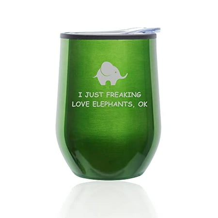 

Stemless Wine Tumbler Coffee Travel Mug Glass with Lid I Just Freaking Love Elephants Funny (Green)