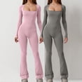 thumbnail image 2 of hotojiny 2PC Women Long Sleeve Flare Jumpsuits Square Neck Stretchy Bodysuit One-Piece Rompers for Workout, 2 of 5