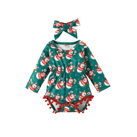 

Toddler Infant Baby Girls Christmas Outfits Long Sleeve Elastic Waist Romper + Headband 2Pcs Clothes Set