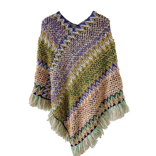 Ponchos pour Femmes Imprimé National Coloré avec Franges Châle Tricoté Foulard Frangée Cape Cadeaux pour Femmes Cape à Ourlet à Franges