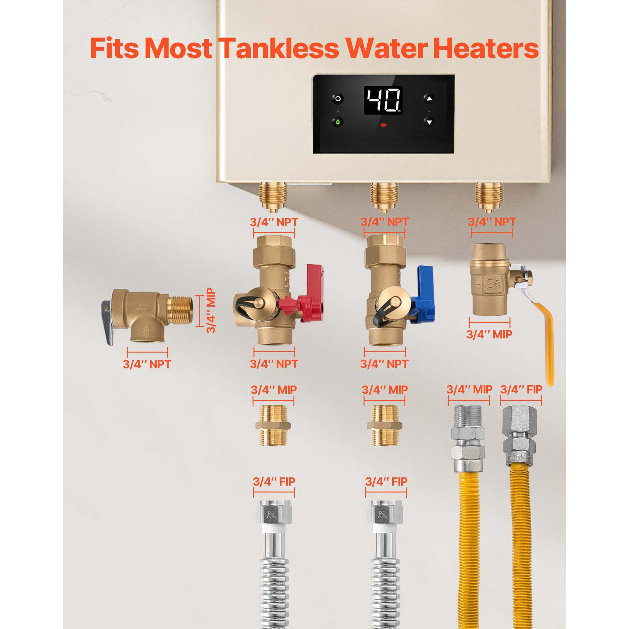 KFFKFF Water Heater Kit, 3/4 Inch Hot & Cold Water Plumbing Repair Set with Isolation Valves, Pressure Relief Valve, Ball Valve, Gas Hose, Works with Various Tankless Water Heater Models