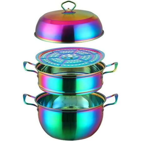 

Stainless Steel 3 Tier Steamer Pot for Cooking 10 Inch Steam Pots Large Double Boiler Pan with Lid Tamales Dumplings Crabs Legs Vegetable Food Steamer Cookware Set Large Capacity Rainbow