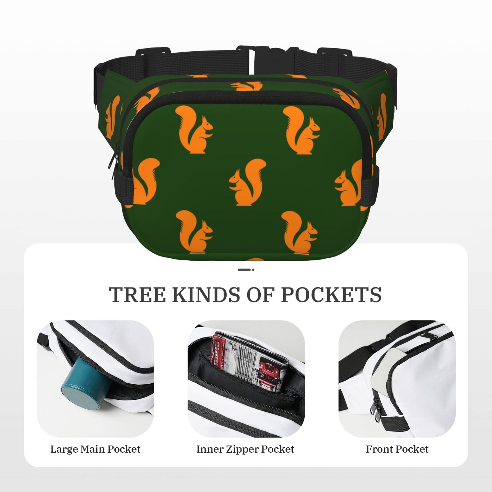 Picia Bold Squirrel Silhouettes Print Square Double-Layer Waist Bag Mini Adjustable Waist Belt Bag Exercise Running Travel Hiking