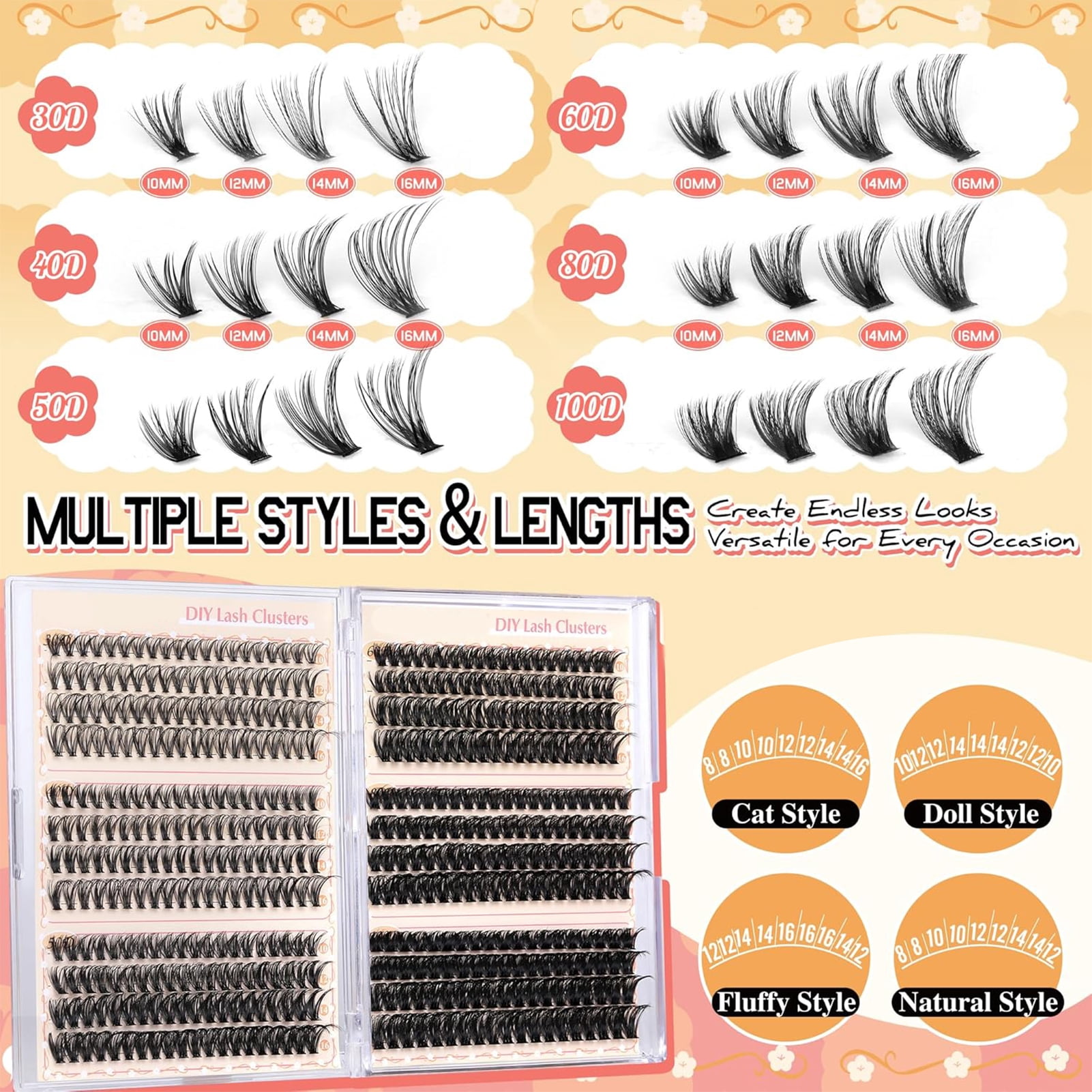 Eyelash Clusters 30D+40D+50D+60D+80D+100D Lash Clusters Wispy Individual Lashes 480PCS D-curly Lash Extension 10-16MM Natural Lashes Clusters DIY Cluster Eyelash Extensions for Beginners