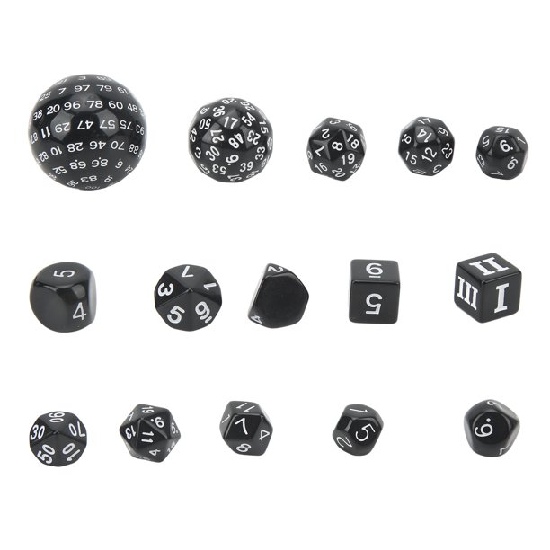 Juego de 15 dados poliédricos acrílicos D3 a D100 para juegos de mesa, juegos de rol, suministros para fiestas, palabras en blanco y negro.