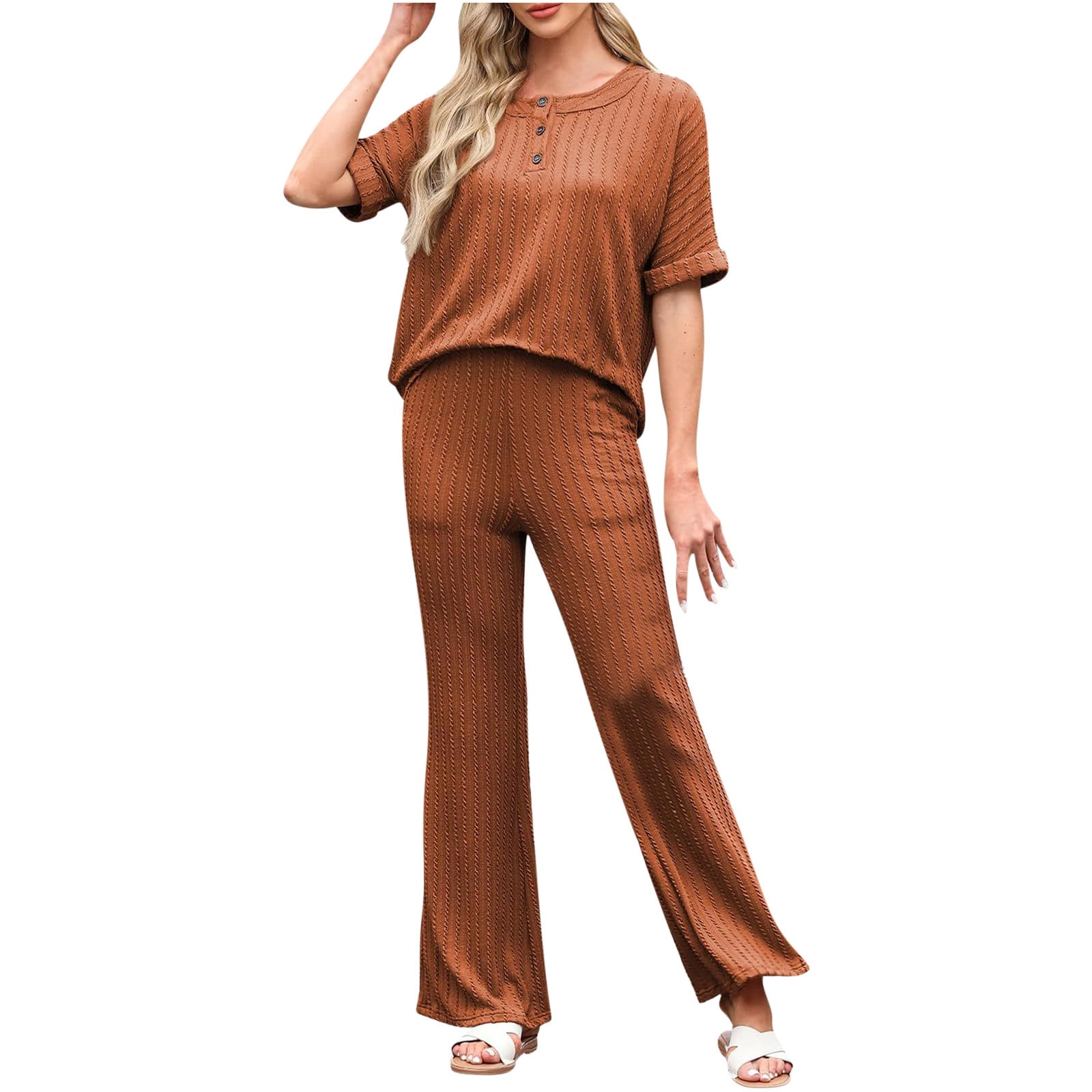 Pajama Sets for Women 2 Piece Short Sleeve 2 Piece Shorts Set for Women Solid Color Round Neck Short Sleeve Tops Pants Sets With Pockets
