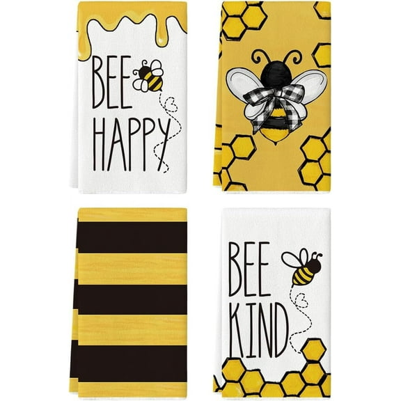 bamooi Cute Bee Happy Bee Kind Summer Kitchen Towels, 18 x 26 Inch Holiday Spring Ultra Absorbent Drying Cloth Dish Towels for Cooking Baking Set of 4