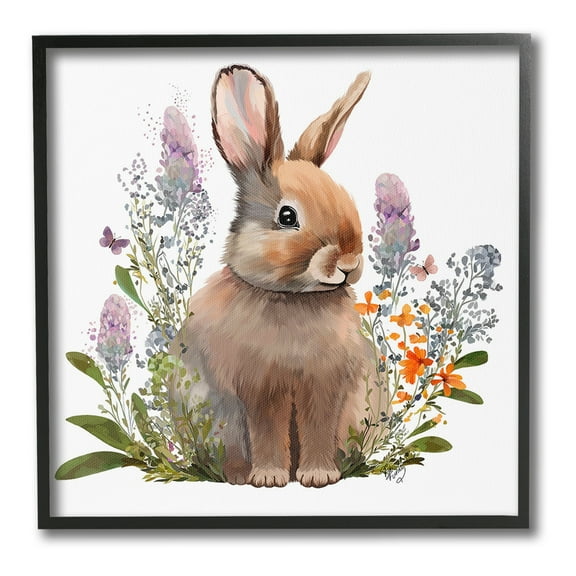 Stupell Industries Brown Bunny with Florals Animals & Insects Painting Black Framed Art Print Wall Art, 12 x 12