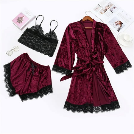 

Women s Pajamas Lace Velvet Solid Color Lace Three-Piece Pajamas Nightdress Underwear Sleepwear