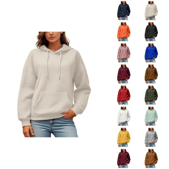 Essentials Hoodies for Women 2025 Waffle Knit Long Sleeve Plain Hoodie with Pockets Hooded Sweatshirt Women Pullover