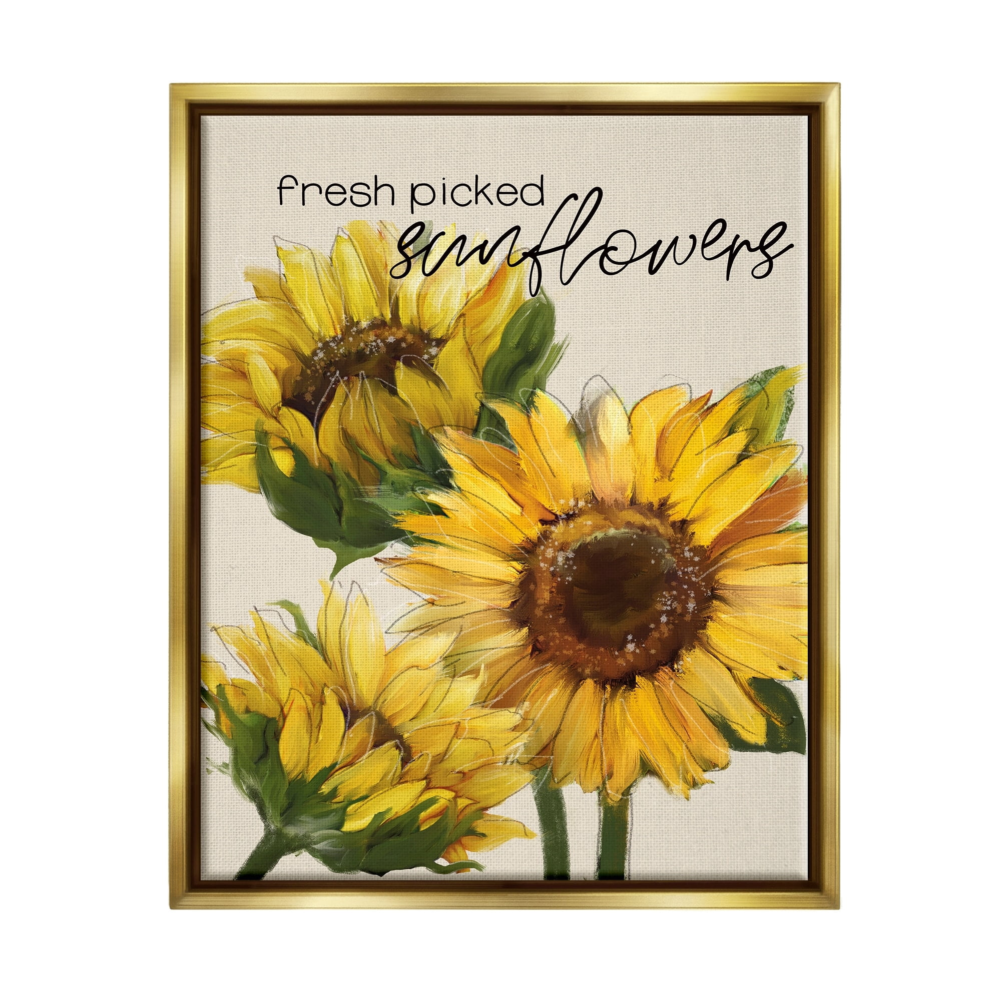 Stupell Industries Fresh Picked Sunflowers Calligraphy Vivid Yellow Blossoms Graphic Art Metallic Gold Floating Framed Canvas Print Wall Art, Design by Conrad Knutsen