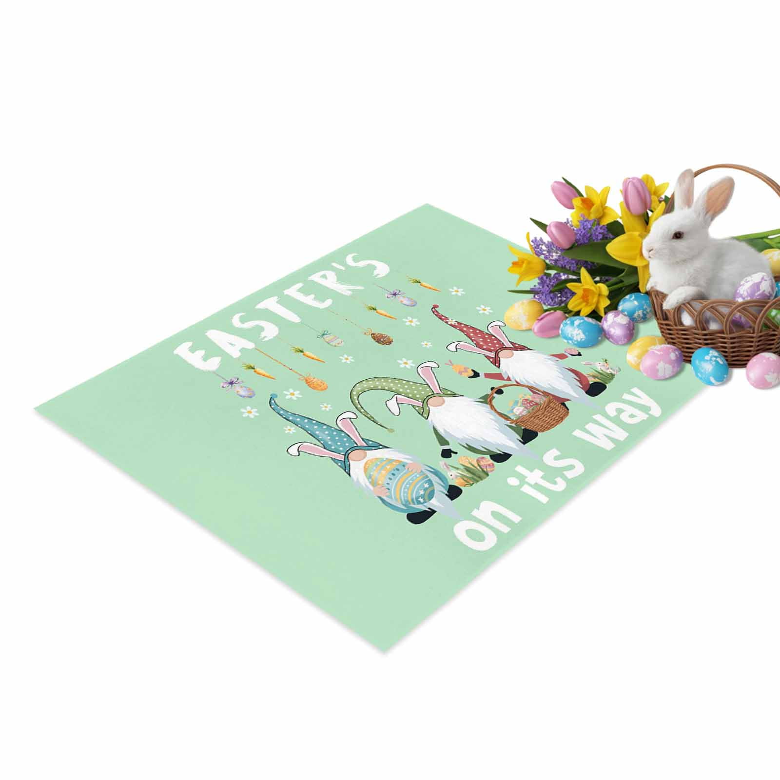 Happy Easter Door Mat Simple Colorful Gnomes Easter Eggs Floral Carrots Plant Green Non Slip Absorbent Entrance Mat Washable Low Profile Indoor Doormat for Front Door Entryway Entry 18 x30