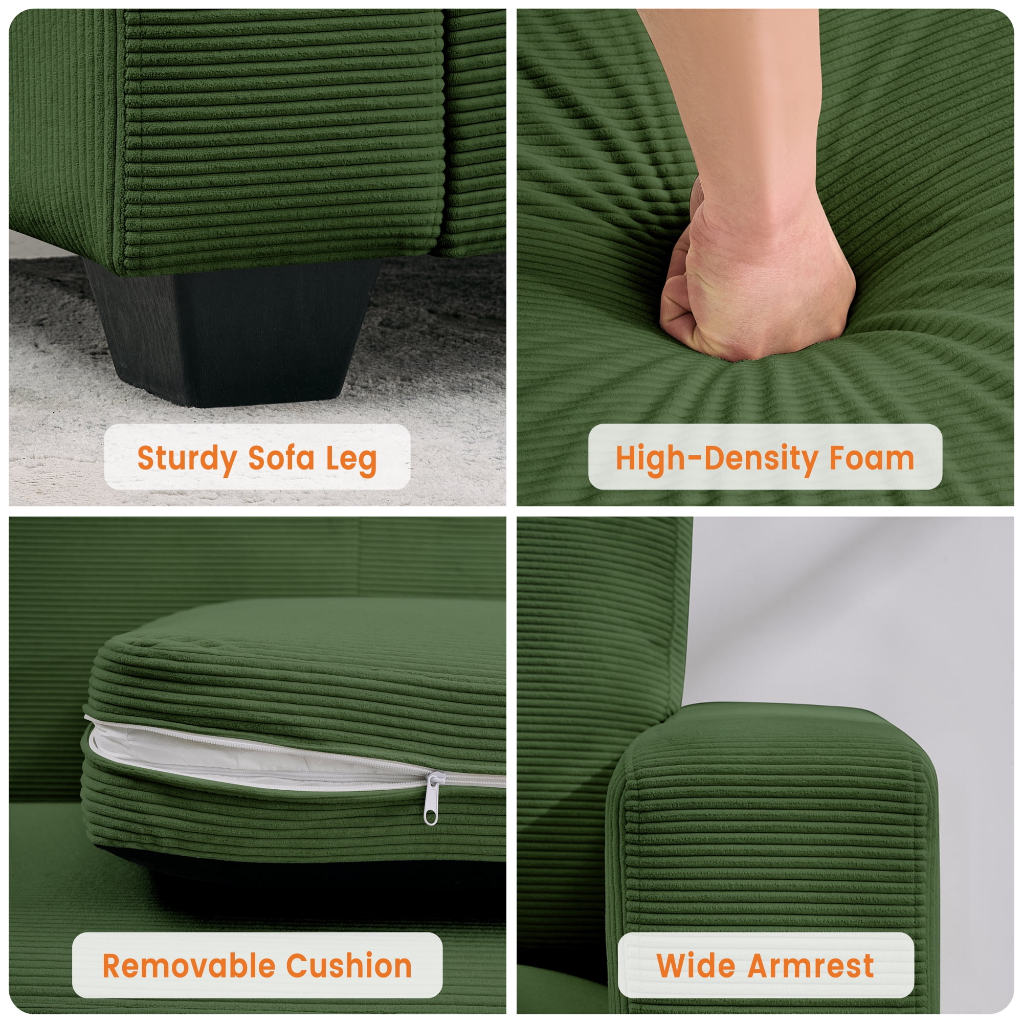 Kicctian 83" Wide 3-Seater Corduroy Couch with Deep Seat, Modern Sofa with Washable Covers and Wide Armrests, Comfortable Loveseat for Living Room, Bedroom, Office or Small Spaces,Green