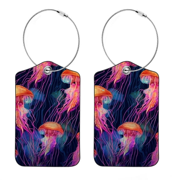 Luggage Tag, Travel Tags, Handbag Tag - Square PU Leather 2 Pack with Privacy Cover and Stainless Steel Ring - Suitable for Travel, Backpack, Handbag [Amazon Approved] Colorful Jellyfish