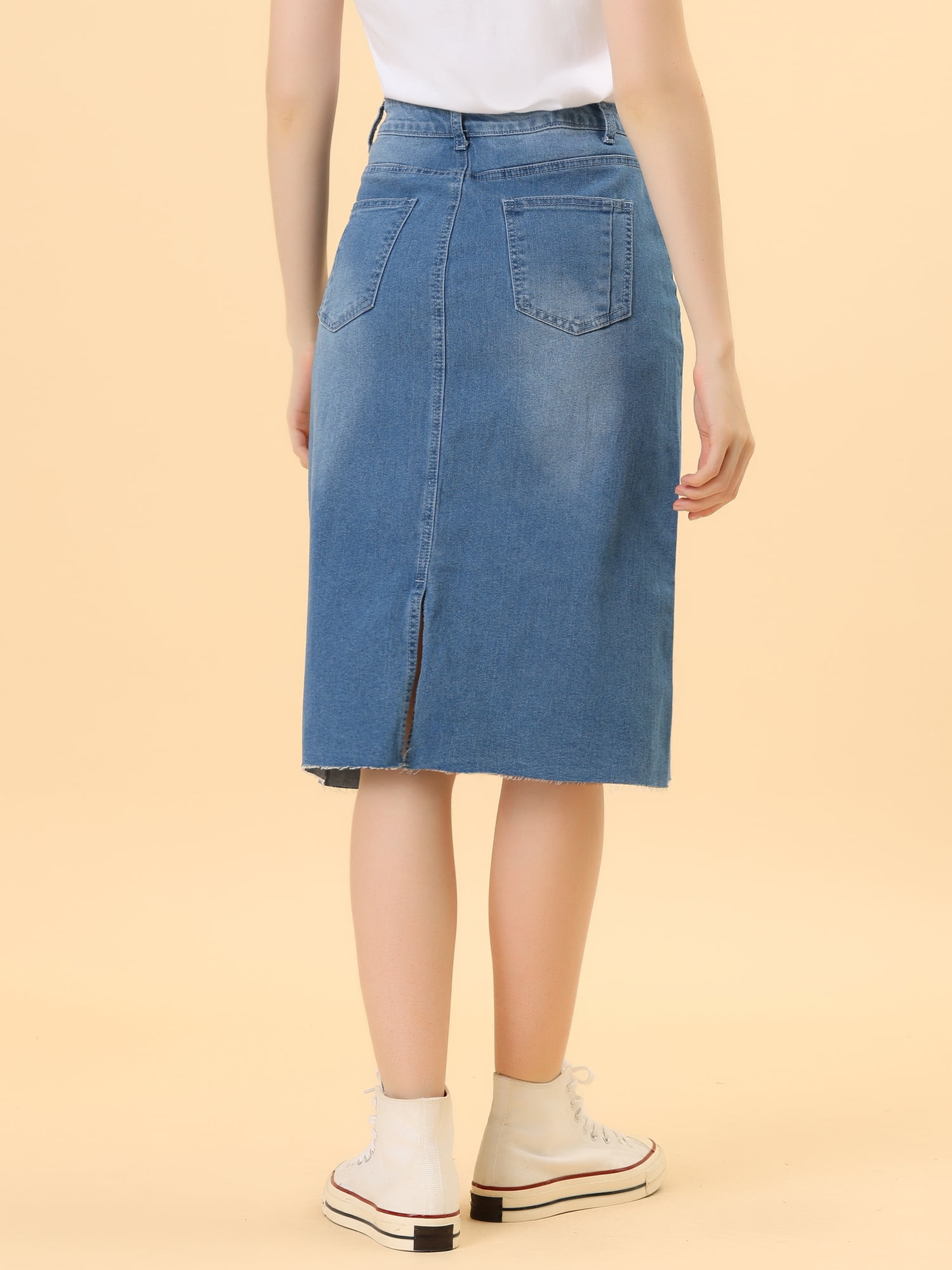 DARING DIVA Women's Jean Back Vent Midi Length Denim Skirts XS Jean Blue