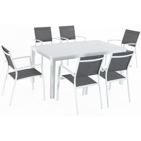 Hanover Del Mar 7-Piece Outdoor Dining Set w/ 6 Sling Chairs in Gray/White and 40 x 78 Dining Table
