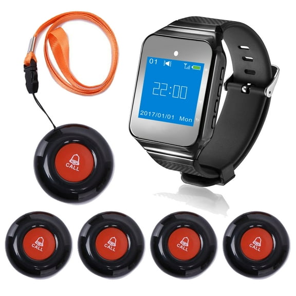 CallToU Wireless Wrist Pager Smart Call System Caregiver Pager Nurse Calling Alert for Elderly/Patient/Disable at Home 1 Receiver Alert Pager 5 PCS Fixed Mounted/Portable Call Buttons