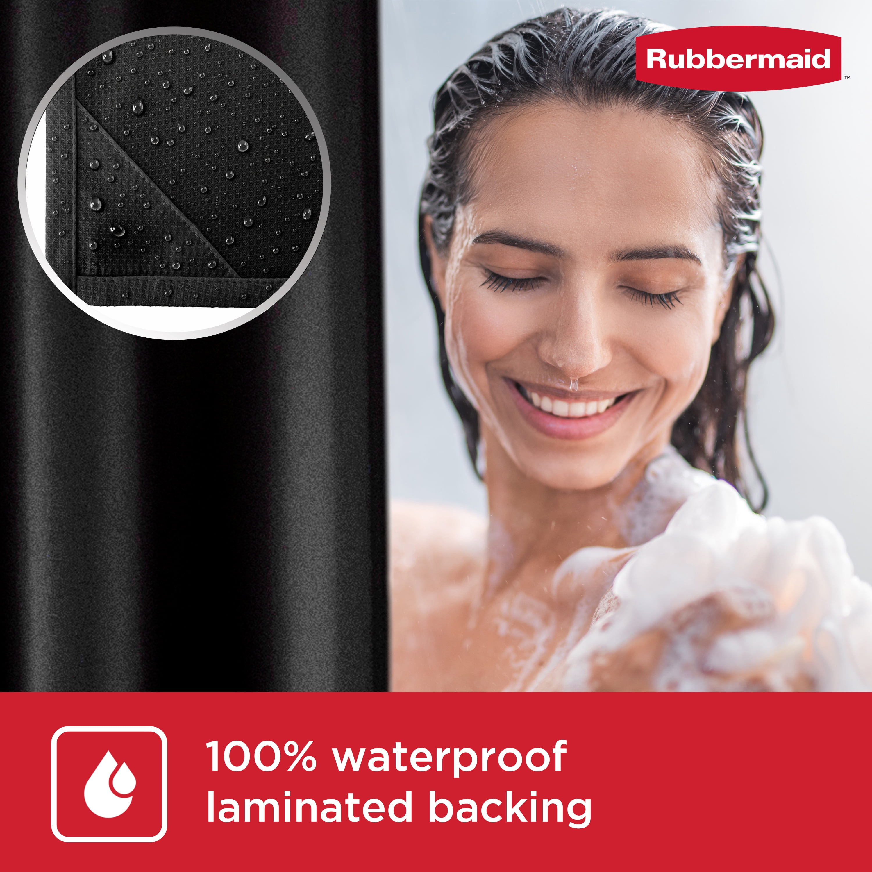 Rubbermaid Black Waterproof Fabric Shower Curtain Liner, 70" x 72"