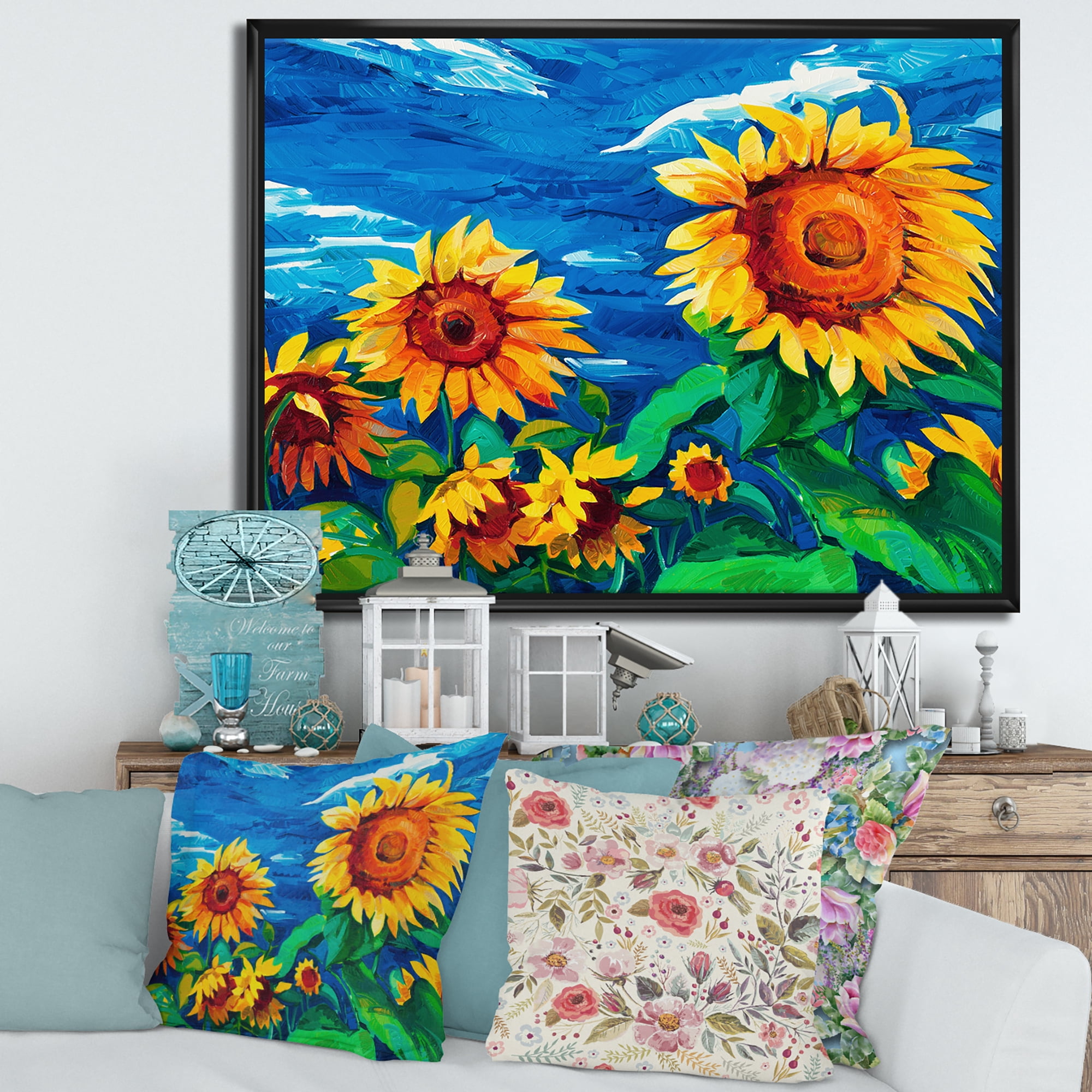 Designart 'Sunflowers Field Under A Bright Blue Sky' Traditional Framed Canvas Wall Art Print