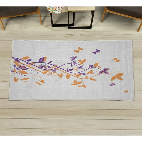 Spring Decorative Rug, Tree Swirling Persian Lilac Blooms with Butterfly Ornamental Plant Graphic, Quality Carpet for Bedroom Dorm and Living Room, 6 Sizes, Pale Orange, by Ambesonne