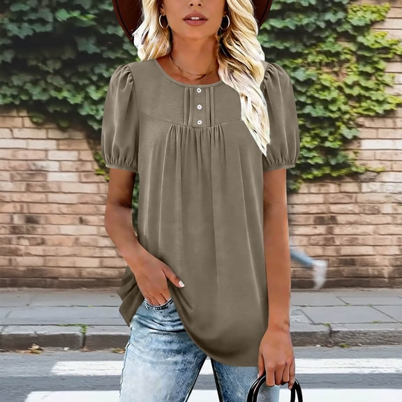 Craaazy Women's Oversized Short Sleeve Tunic Tops, Lightweight Casual Shirt, Comfy Round Neck Puff Sleeve Blouse with Ruched Detail for Everyday Outfits Gifts