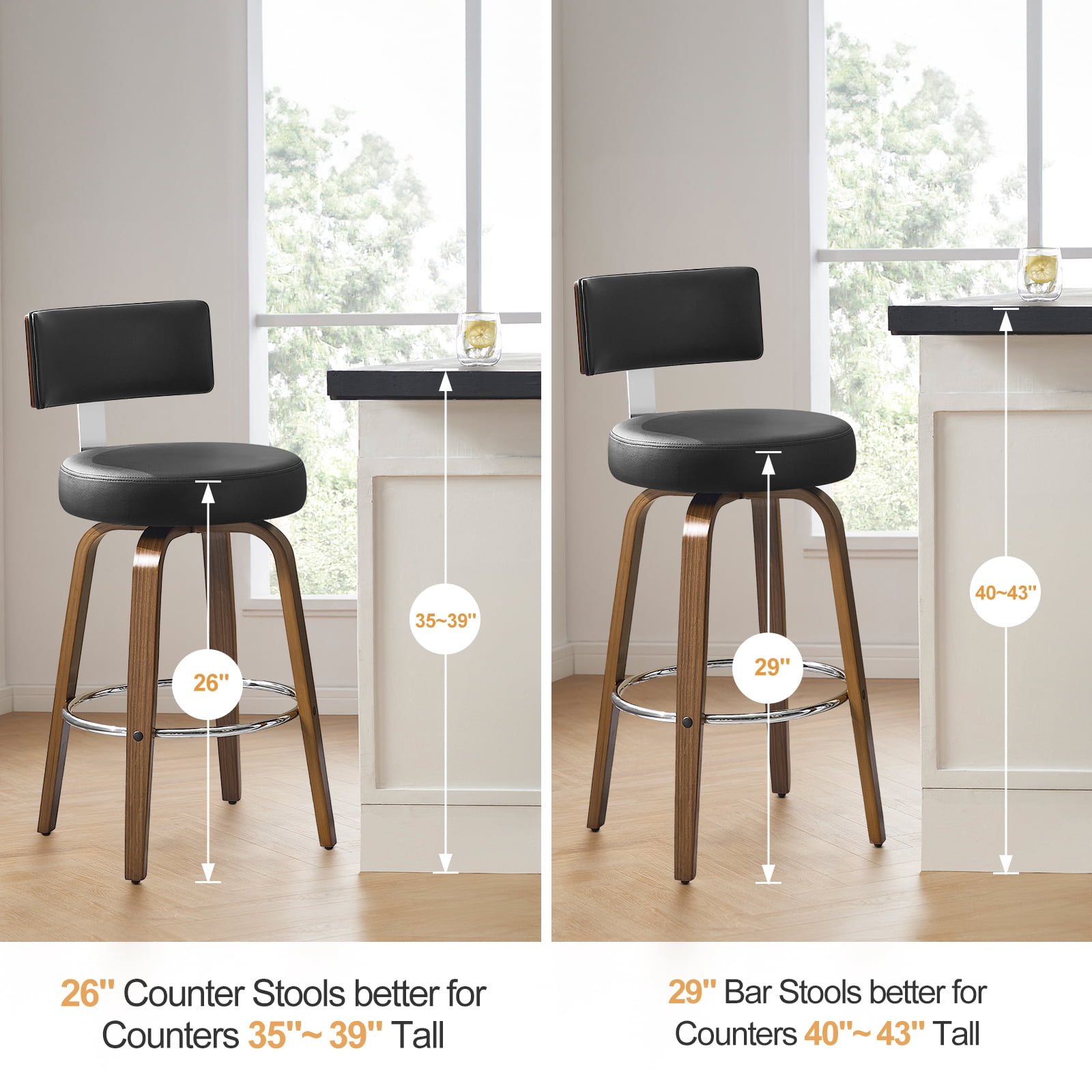 WOOW DEPOT PU Swivel Bar Stools Set of 1, 26" Seat Height Modern Upholstered Bar Chairs w/ Mid-back Round Seat Walnut Legs Leather Island Stools for Kitchen Counter
