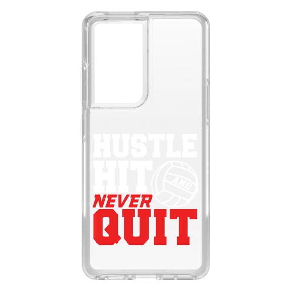 DistinctInk Clear Shockproof Hybrid Case for Galaxy S21 ULTRA 5G (6.8" Screen) - TPU Bumper Acrylic Back Tempered Glass Screen Protector - Hustle Hit Never Quit Volleyball