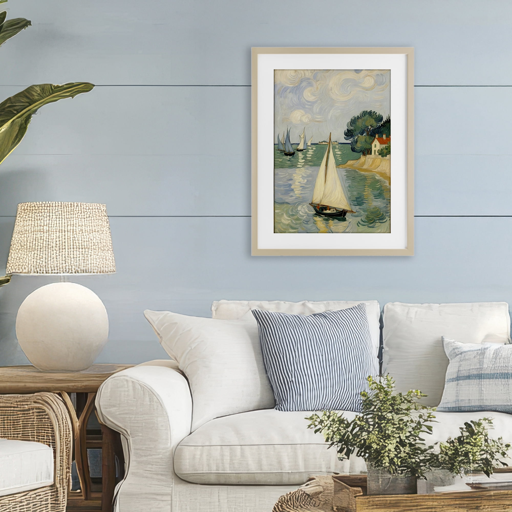Stupell Industries Coastal Sailboats Under Swirling Clouds Birch Framed Print Under Glass, design by Angie Hawke