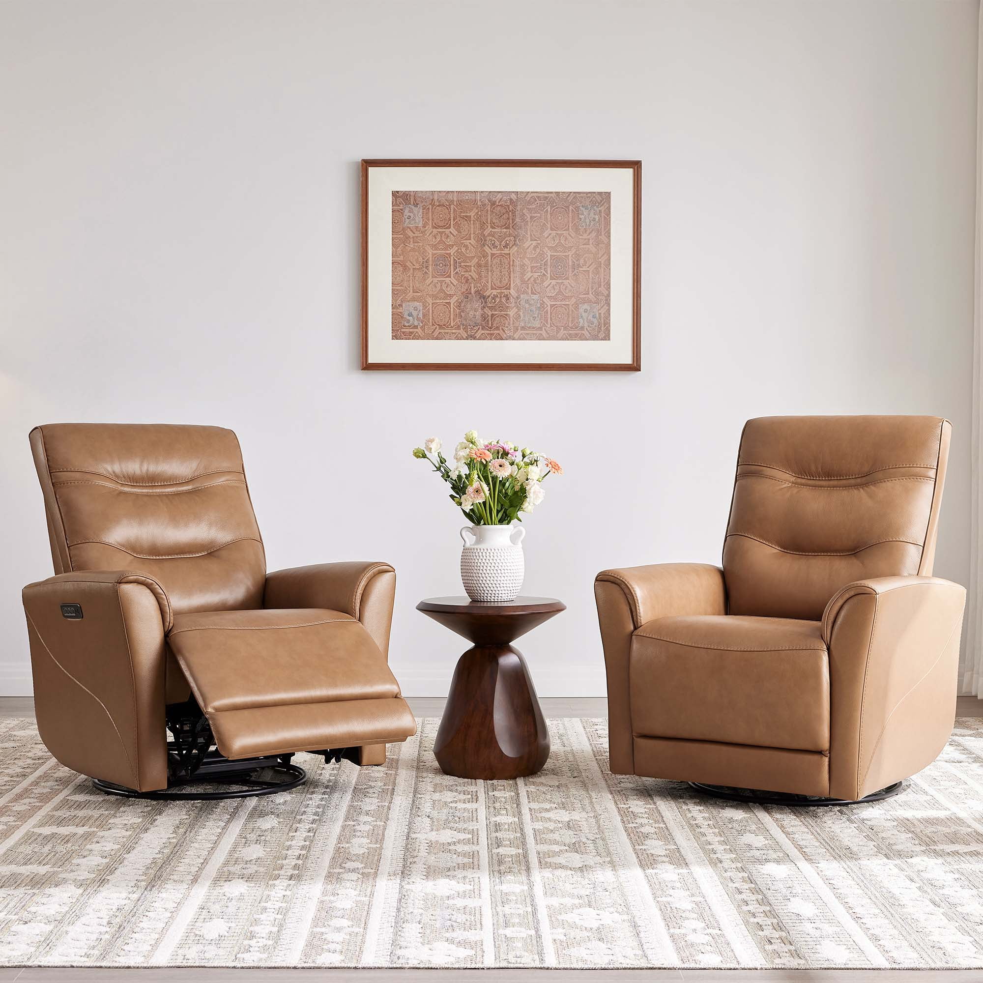 Spruce & Spring Genuine Leather Swivel Glider Recliner with Triple Motor Support, Saddle