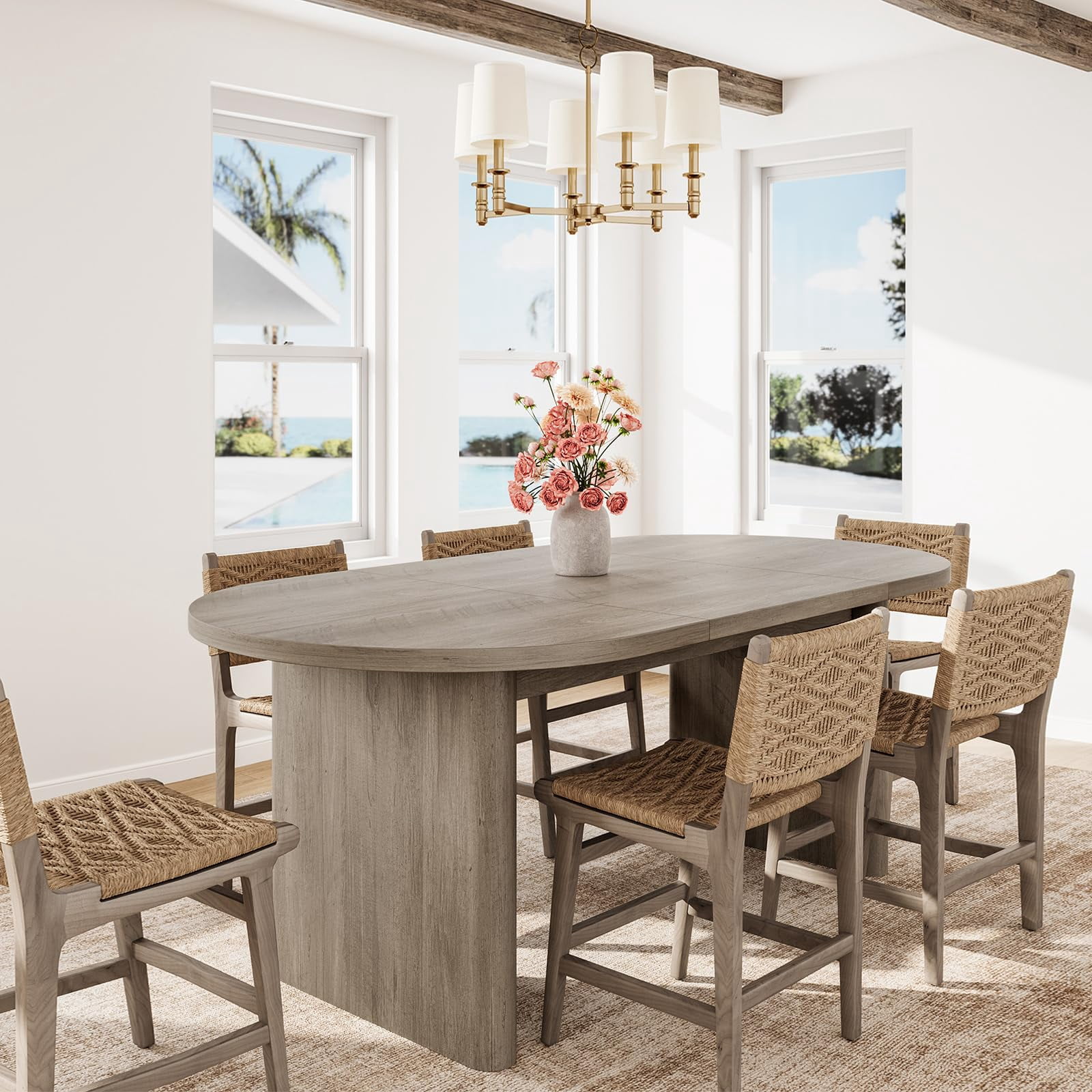 Kicctian Oval Dining Table for 6-8, Spacious Tabletop with Thick Sturdy Wooden Base, Versatile Kitchen Table for Dining Room, Living Room or Kitchen,Gray Walnut Color