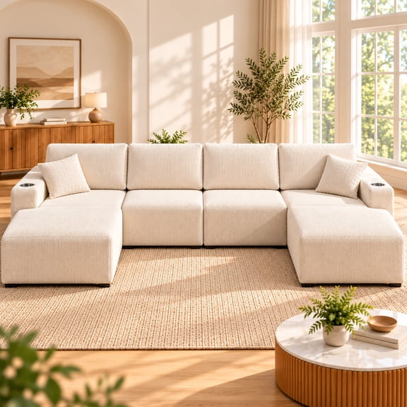 DTTRA 130" U-Shaped Boneless Modular Sectional Sofa with Double Chaise, 6 Seats, Corduroy, White