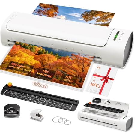 13 Inch Laminator Machine, 11x17 Hot & Cold Thermal Laminator, A3 11-in-1 Laminating Machine with 30 Sheets, 60s Warm-Up, Never-Jam Design Lamination for Teachers, , School & Office -White