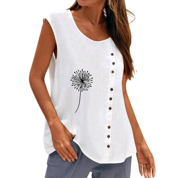 Gibobby Mujeres sin mangas diente de león impresión Casual verano botón chaleco cuello redondo blusa suelta Top(Blanco,G)