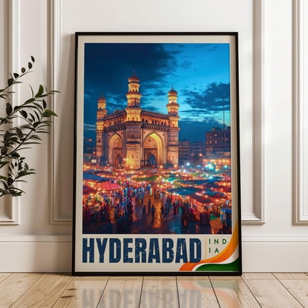 Hyderabad travel Print, Charminar cityscape wall art, South India decor, vibrant architecture lovers, Unframed Paper Poster 8x10in