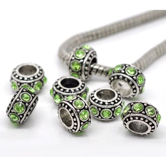Sexy Sparkles Silver Base Metal August Period Light Green Rhinestone Charms Spacer Beads For Snake Chain Charm Bracelet - Zinc Metal Alloy, 5 Pcs