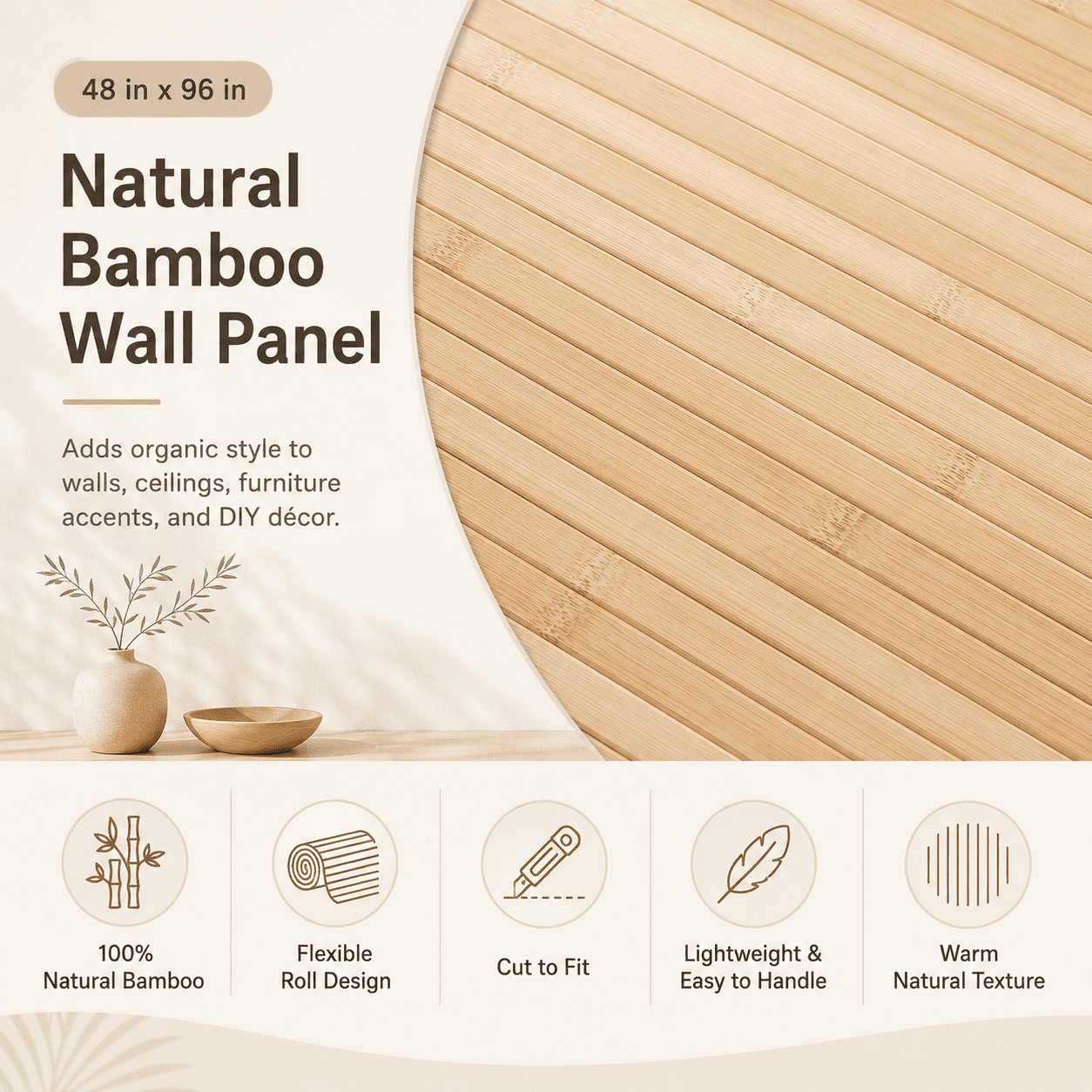 Yeslife Natural Bamboo Wall Panel Roll, 48 in x 96 in Flexible Cut-to-Fit Interior Wall Decor for Living Room and Bedroom, 32 sq ft