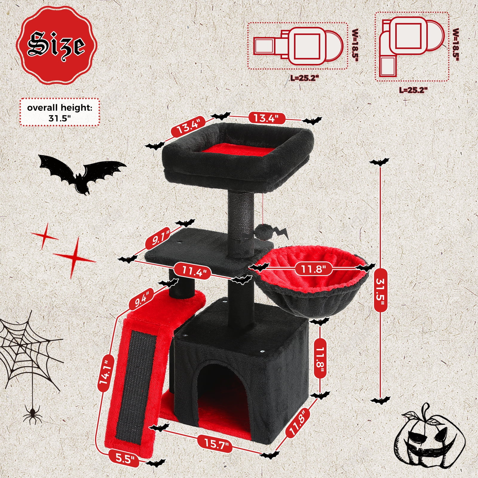 Pefilos 32" Cat Tree Tower, Cute Cat Condo with Sisal Scratching Ramp, Cozy Hammock and Removable Top Bed Perch for Indoor Kittens, Black