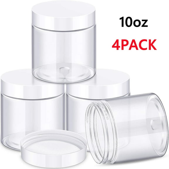 4 Pieces 10oz Round Wide-mouth Leak Proof Plastic Container Jars with Lids for Travel Storage Makeup Beauty Products Face Creams Oils Salves Ointments DIY Making