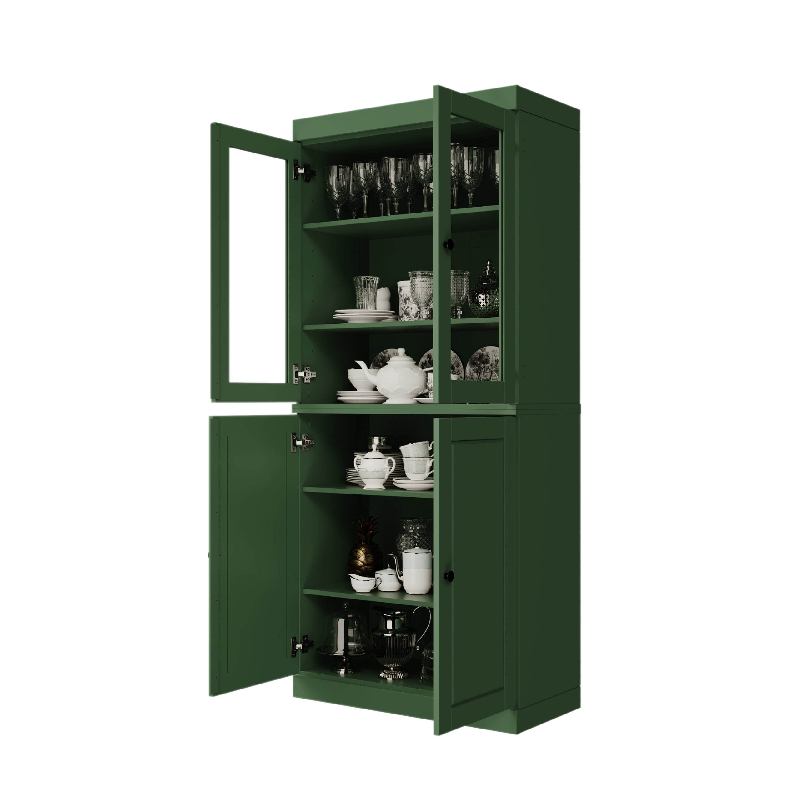 Palace Imports 100% Solid Wood Kitchen Pantry Storage Cabinet with Glass & Raised Panel Doors and Adjustable Shelves, 4-Door, Green