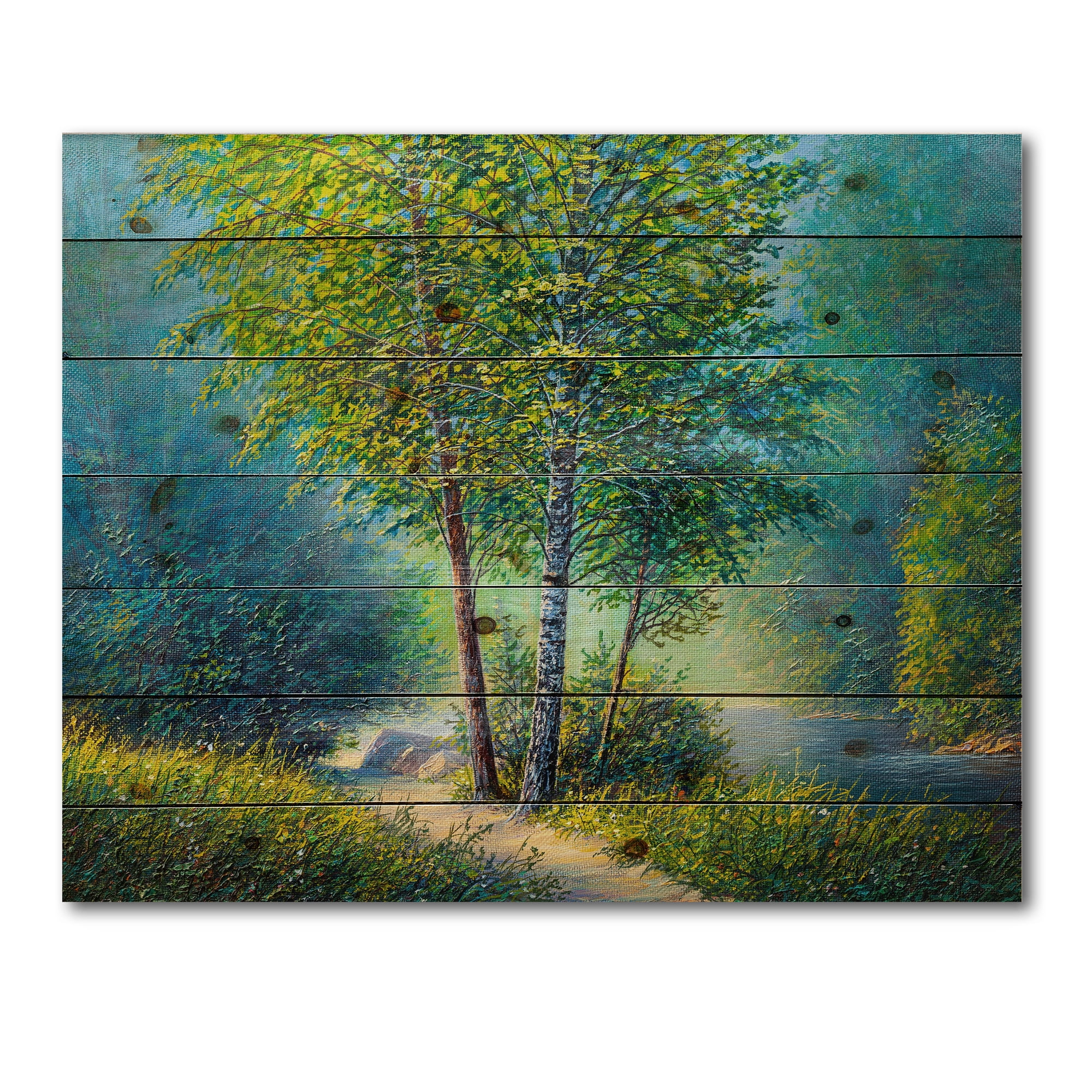 Designart 'Three Vibrant Green Trees By The River' Lake House Print on Natural Pine Wood
